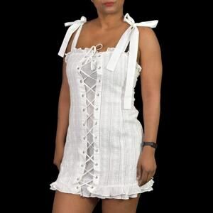 White Corset Dress Lace Up Bodice Mini Ruffle Cotton Embroidery Lace Size Medium